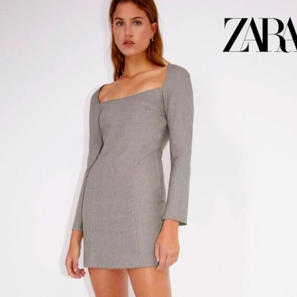 Zara Tailored Brown Plaid Square Neckline Mini Dress Size M EUC